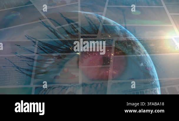 Animation of globe rotating over data on screens, sun and eye of woman ...