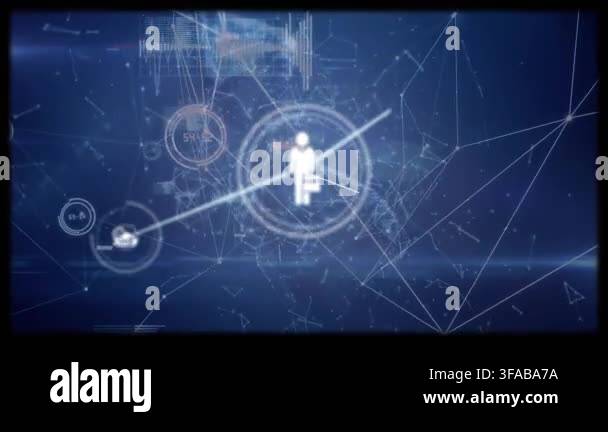 Animation of network of connections with icons and data processing over ...