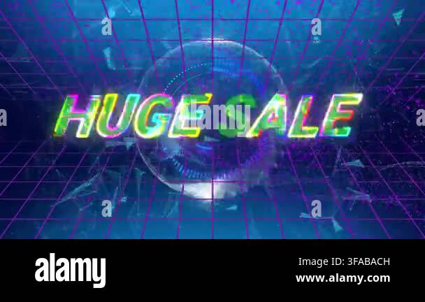 Animation of colourful huge sale text over circular scanner processing ...