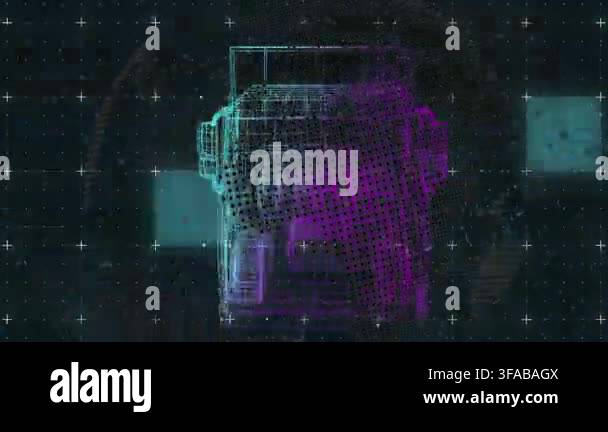 Animation of truck project, glitch and globe in black digital space ...