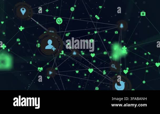 Camera panning and zooming, 3D network revealing icons, pulsing rings ...