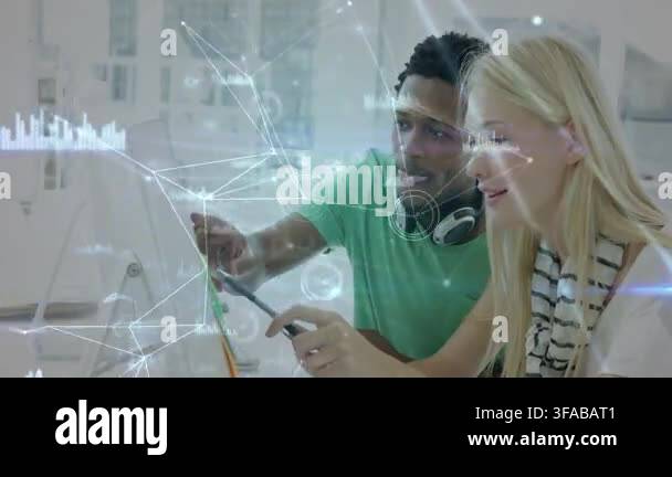 Man guiding woman tapping stylus on touchscreen, generating network ...