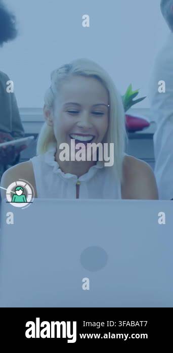 Vertical video: Woman laughing, man writing notes, tablet tap sending ...