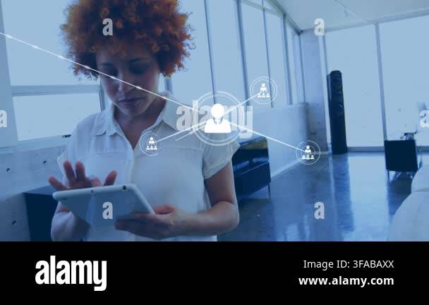 Woman tapping tablet, starting animated user icons expanding network ...