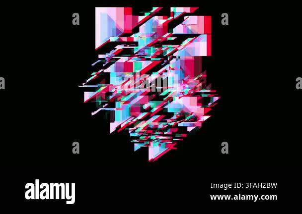 Abstract glitch shape with neon shards on black background, digital ...