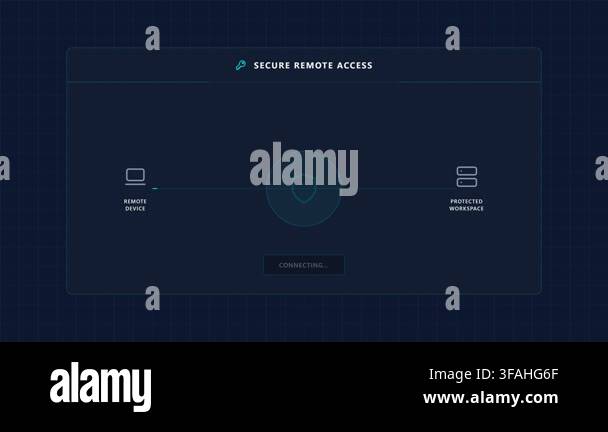 A futuristic dark blue UI displaying a secure remote connection with a ...