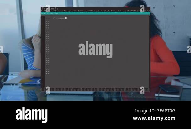 Displaying code in terminal, computer screen in office with blurred ...