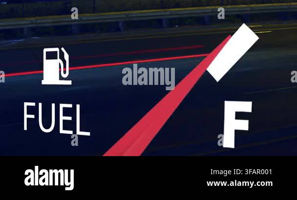 Animated fuel gauge overlay showing needle sweeping left during night ...