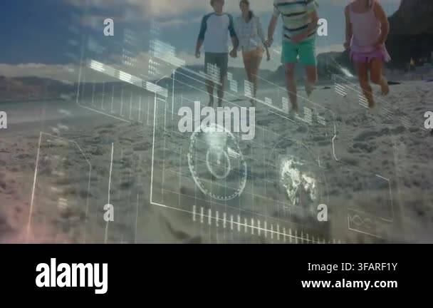 Family walking toward camera on beach, sequence advancing with kids ...