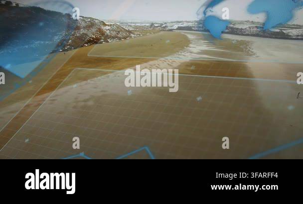 Single person walking shore as tech grid overlay shifting and fading ...