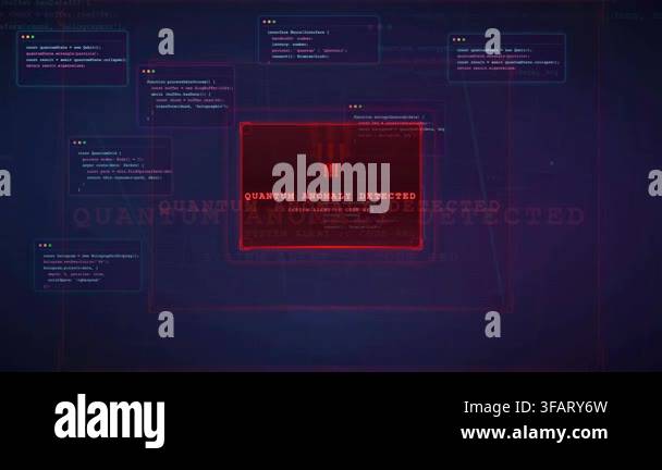 Digital interface displays quantum anomaly detected alert with code red ...