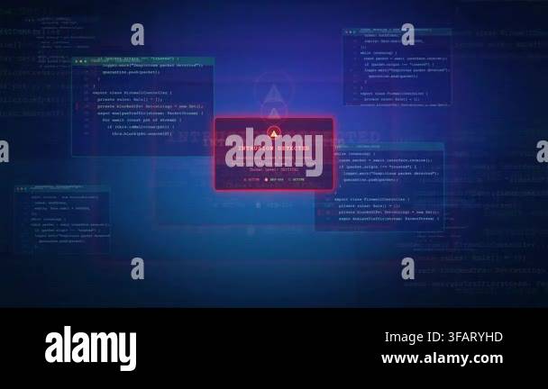 Digital screen displays intrusion detected alert with code and data ...