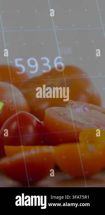 Vertical video: Tomato lying on mat, at 3s green graph rising, orange ...