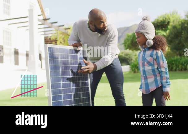 Dad putting solar panel on lawn and causing rising charts showing ...