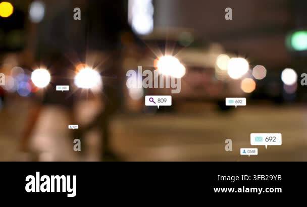Animation of social media icons and numbers over out of focus city and ...