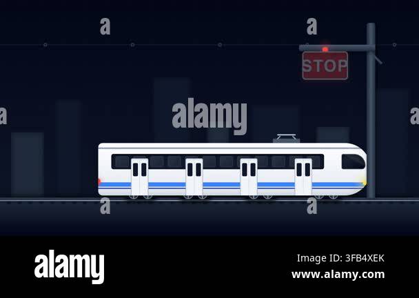 Modern Commuter Train Animation Moving Past Illuminated Stop Sign in ...