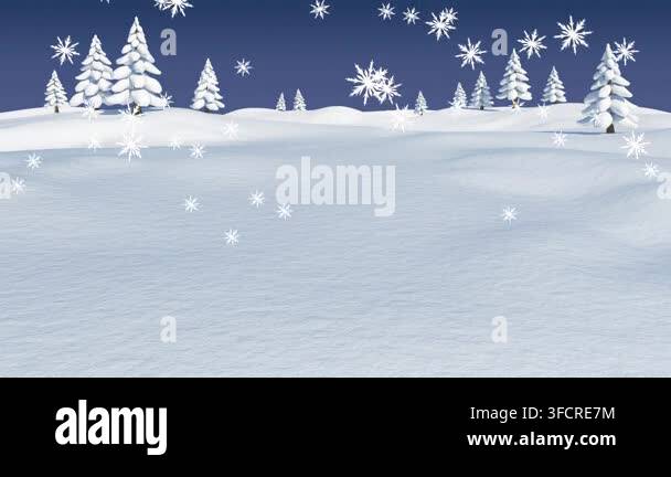 animation-of-snowflakes-falling-over-trees-on-winter-landscape-against