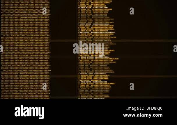 Terminal interface displaying system failure alerts binary code and ...