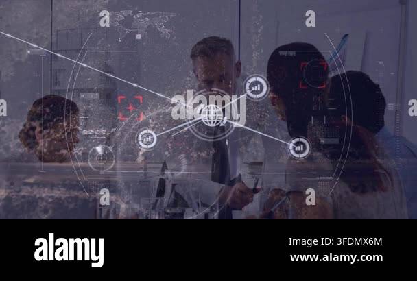 Animation of map, connected icons, aerial view of city, diverse ...