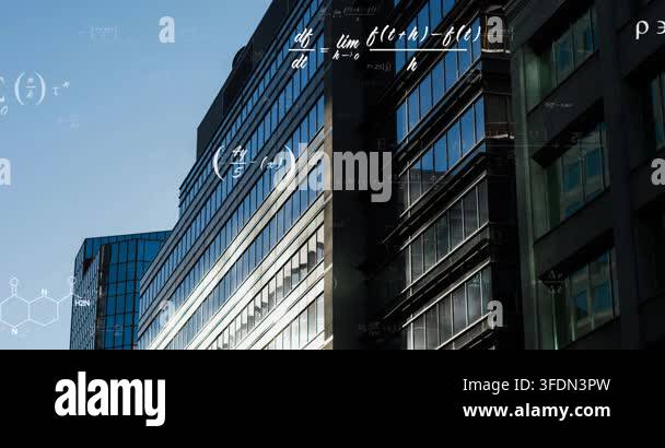 Animation of mathematical equations floating over tall building against ...