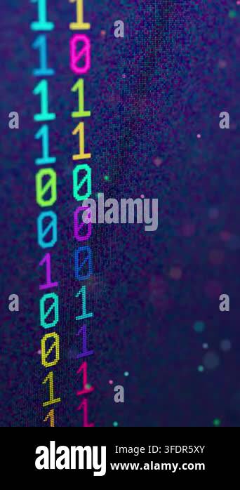 Seamless loop 3D animation of colorful glowing binary digits on a dark ...