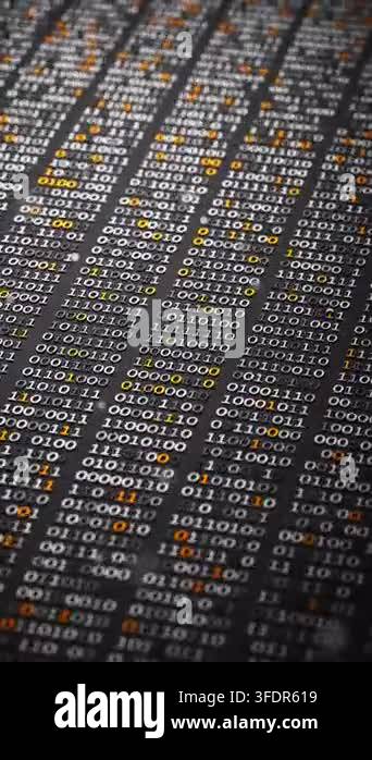 Seamless loop 3D animation of glowing binary code on a dark monochrome ...