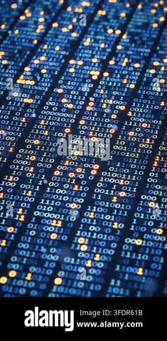 Seamless loop 3D animation of glowing binary code with blue digits and ...