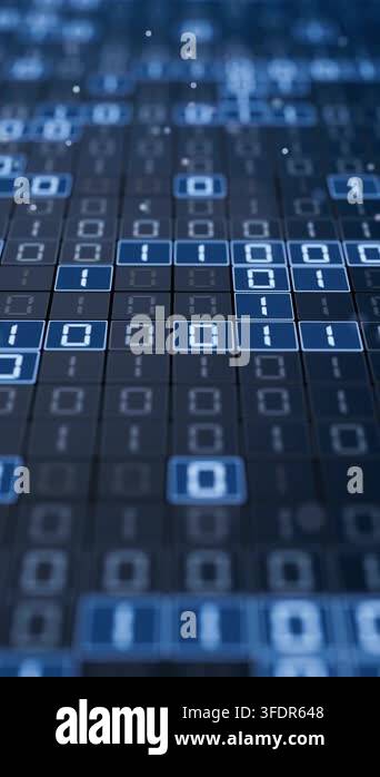 Seamless loop 3D animation of glowing blue binary code on a digital ...