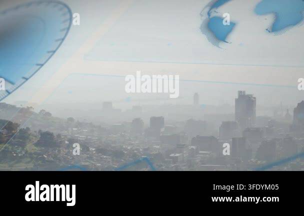 On start faint blue overlays drifting and rotating over hazy urban ...