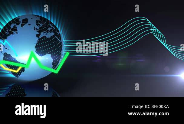 Animating blue globe with binary code at left, drawing green, yellow ...