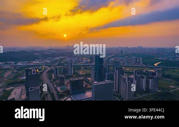 Sunset Time Frame Aerial Time-lapse Footage of City Skyline with Sunrise Dawn Glow Stock ...