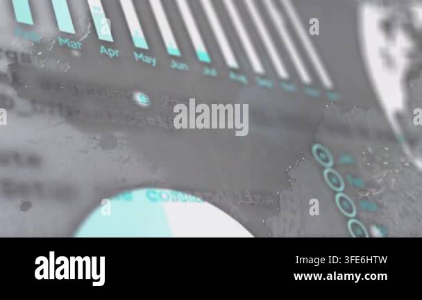 Camera panning across data panel, revealing monthly bar chart and teal ...