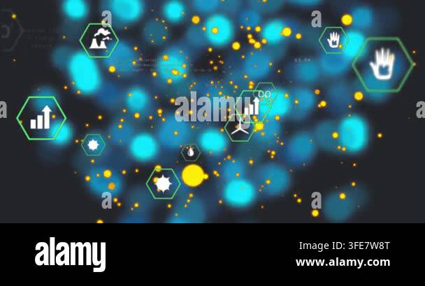 Data stream driving core cluster merging, hex icons and yellow orbs ...