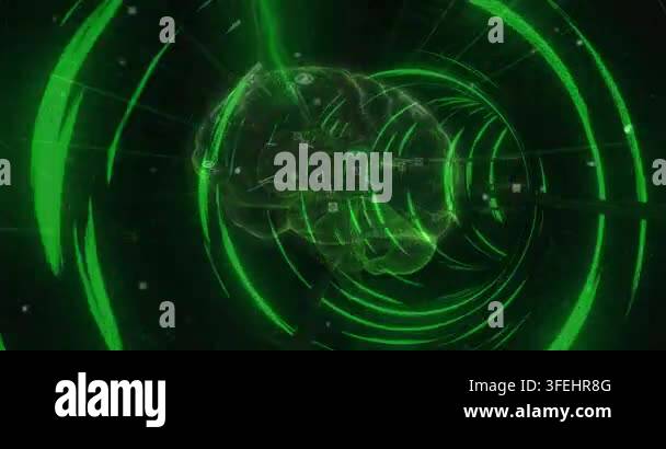 Human Creating Movement Animation of tunnel made of neon circles and brain on black background ...