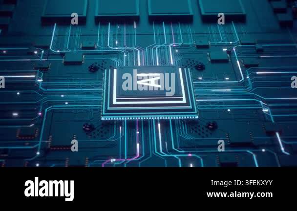 3D motion graphics animation of an AI microchip on a motherboard with ...