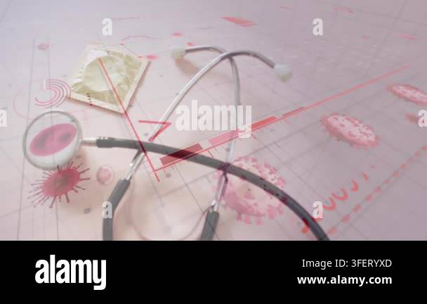 Stethoscope receiving magnifier focus as red graphics rising, bars ...