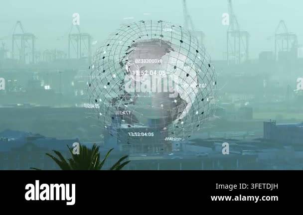 Grid overlay materializing, hologram globe rotating over port while ...