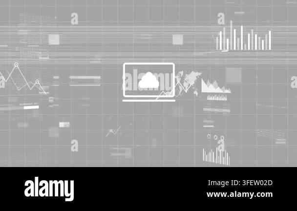 Motion streaks sweeping gray grid data cluster shifting into laptop ...