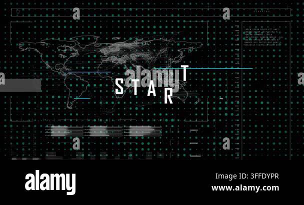 Animation of start text and world map on black background. Global ...