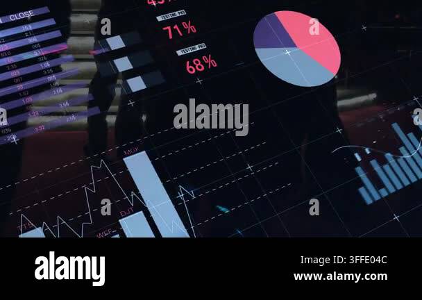 Animation of data processing, stock market and world map over people ...