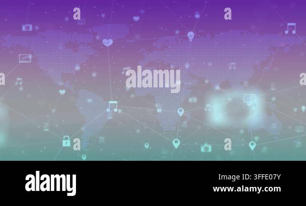Animation of network of digital icons over world map against purple ...