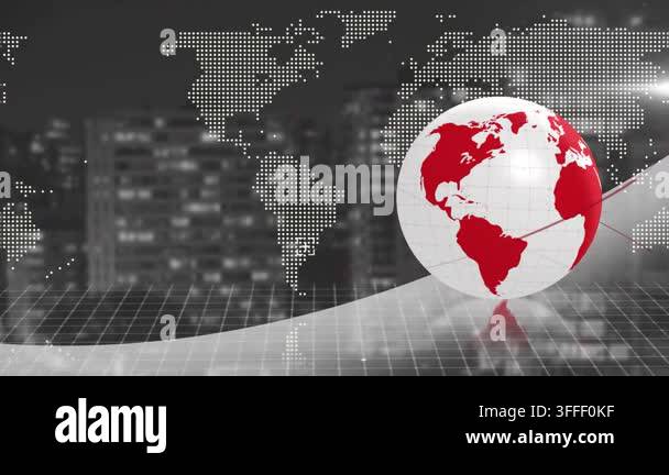 Animation of world map and globe over cityscape. Global business and ...