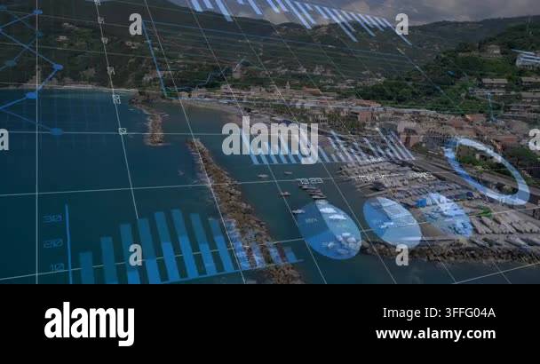 Data Manager Panel Aerial harbor showing grid forming and overlays animating, ring sliding ...