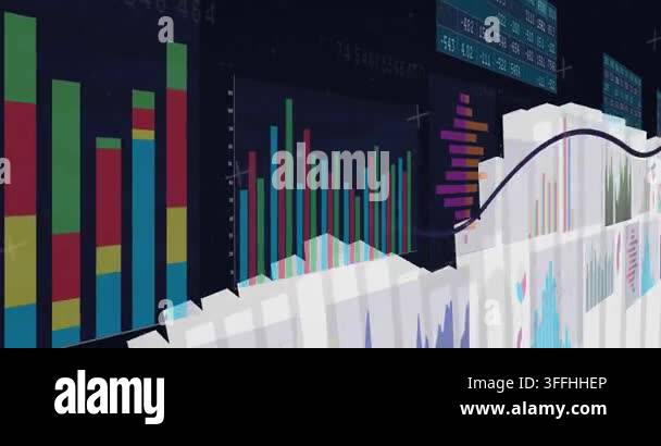 Data Manager Panel Camera gliding along white 3D chart in finance panel, revealing charts ...