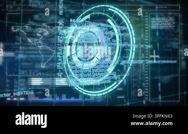 Animation of data processing over scope scanning and world map. Global ...