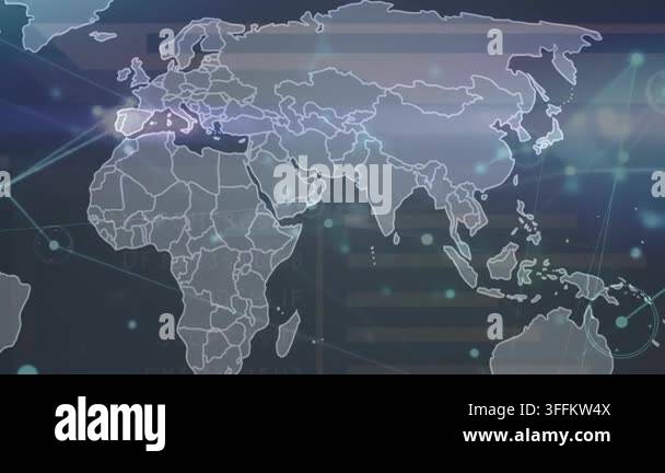 Animation of network of connections over data processing and world map ...