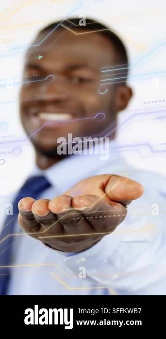Camera Interace Vertical video: Exec extending palm to camera, starting HUD, hand ...