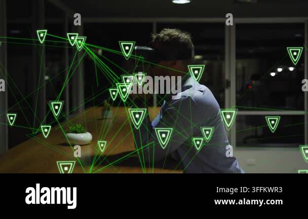 Demo Rig Man wearing VR rig leaning forward reaching, tapping AR nodes over ...
