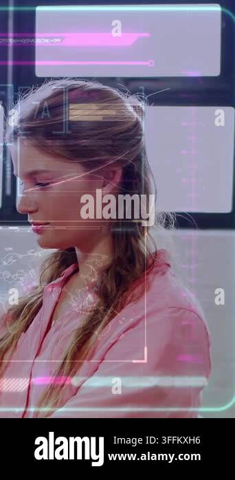 Camera Interace Vertical video: Woman looking down, reading HUD over cam, panels ...