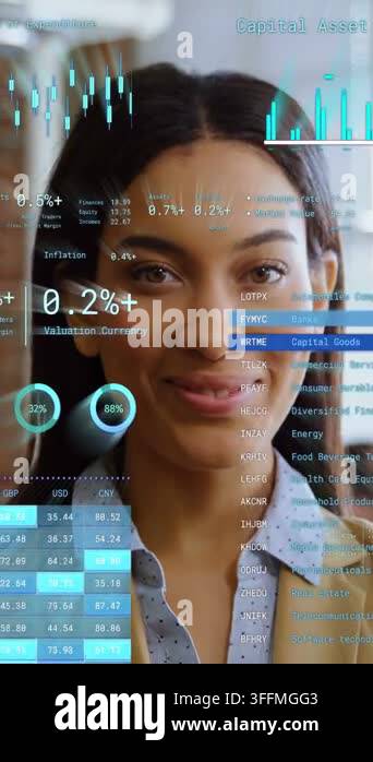 Camera Interace Vertical video: Woman finance pro facing camera responding to live ...